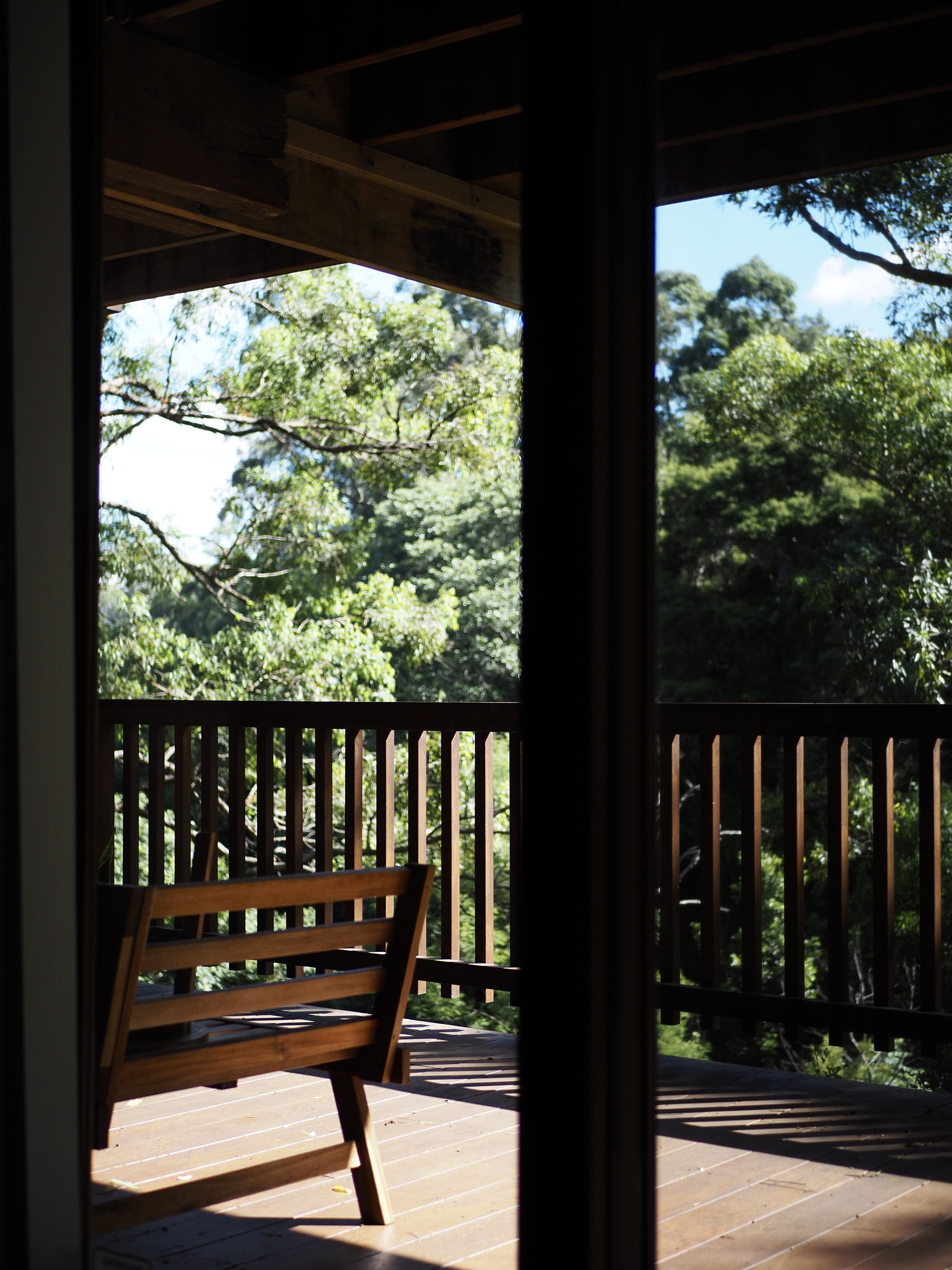 Looking through glass doors at a wooden bench and deck, with lush, green bushland in the background