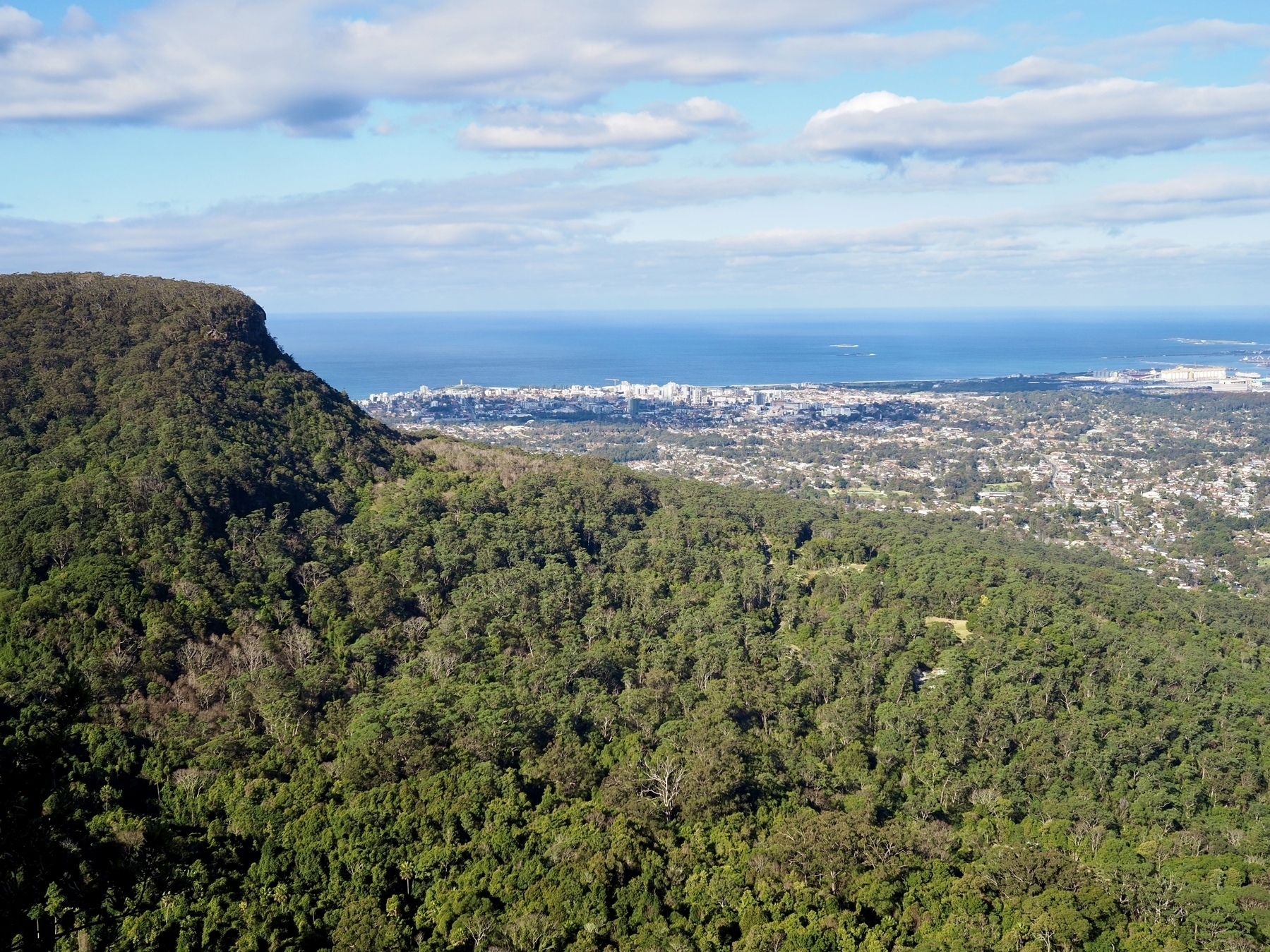 Geera (or Mount Keira) and its foothills to the left, with Wollongong and the Tasman Sea to the right and in the distance