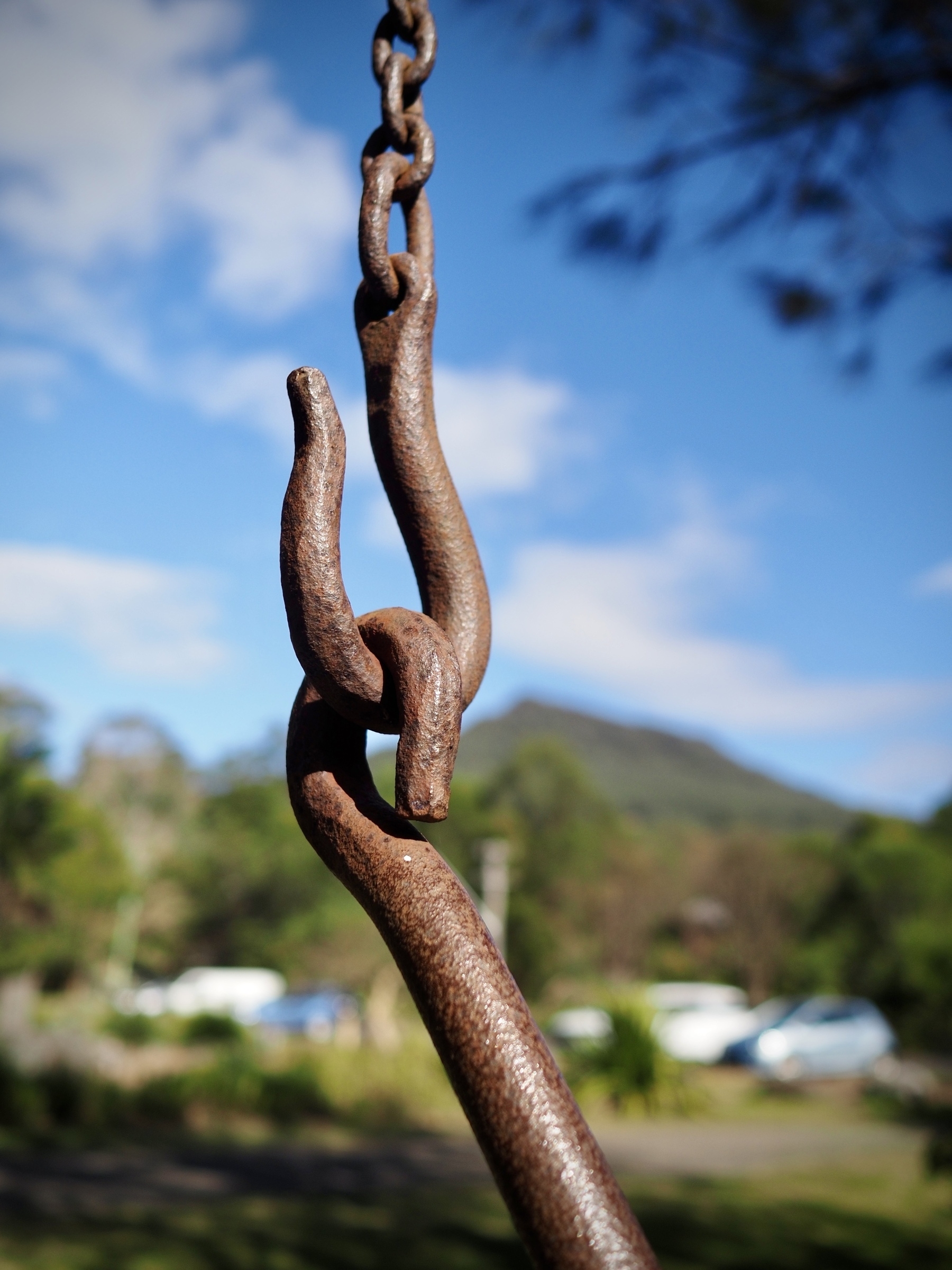A close-up of two interlocked hooks with Djembla (or Mount Kembla) blurred in the distance