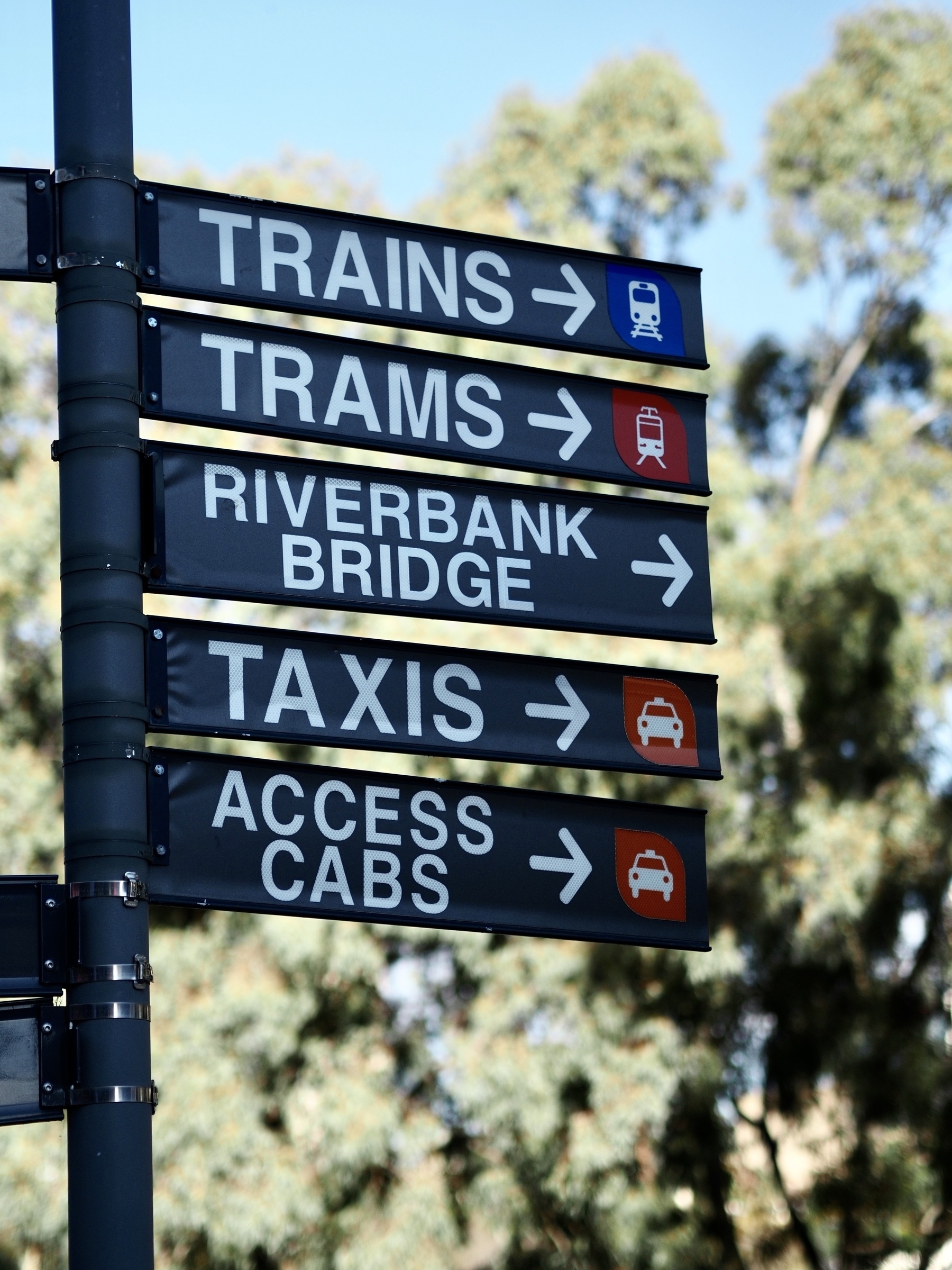 Transport signs for trains, trams, taxis and pedestrians that all point right