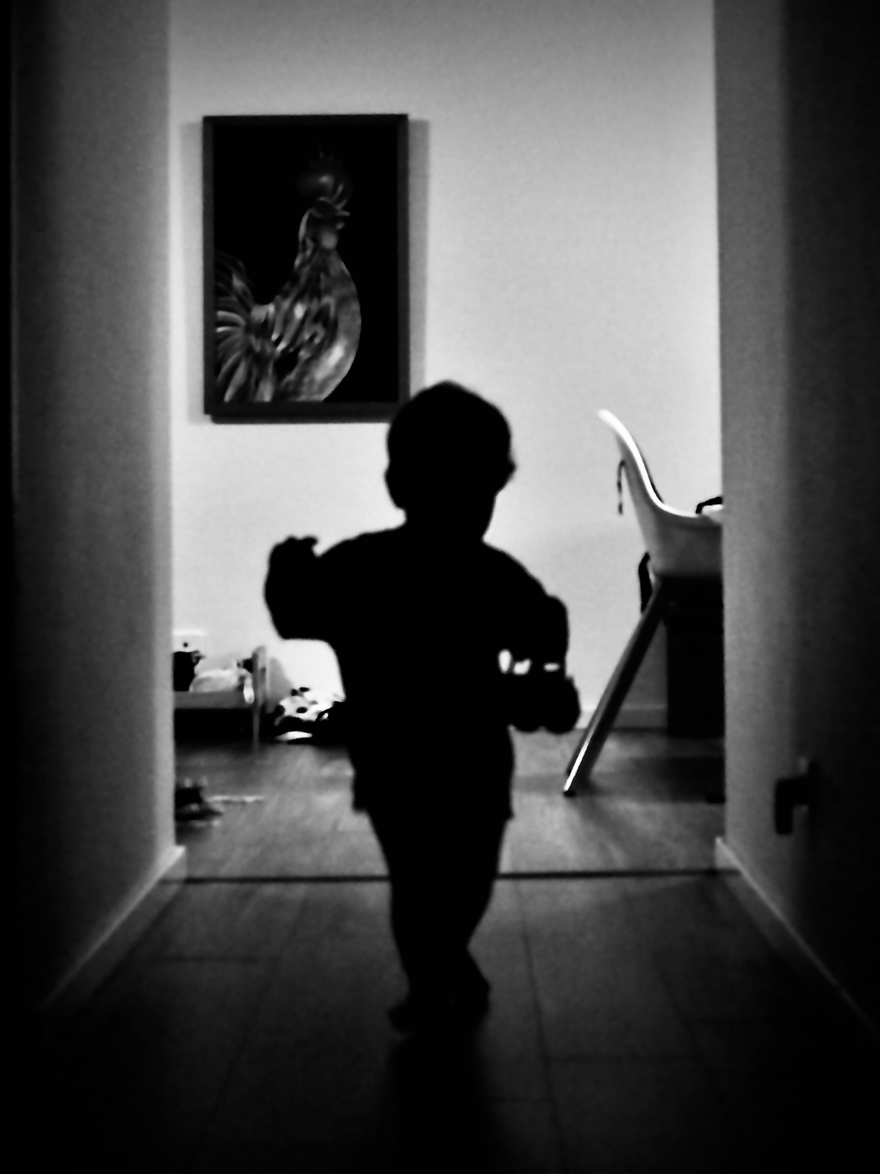 A silhouette of a toddler running down a hallway towards the camera, with a painting of a rooster in the background